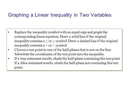 Graphing a Linear Inequality in Two Variables Replace the inequality symbol with an equal sign and graph the corresponding linear equation. Draw a solid.
