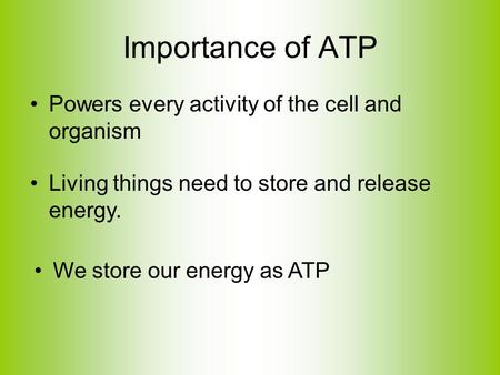 Importance of ATP Powers every activity of the cell and organism