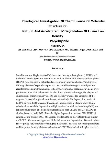 © Rheological Investigation Of The Influence Of Molecular Structure On Natural And Accelerated UV Degradation Of Linear Low Density Polyethylene Hussein,