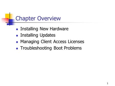 1 Chapter Overview Installing New Hardware Installing Updates Managing Client Access Licenses Troubleshooting Boot Problems.