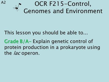 This lesson you should be able to... Grade B/A- Grade B/A- Explain genetic control of protein production in a prokaryote using the lac operon. OCR F215-Control,