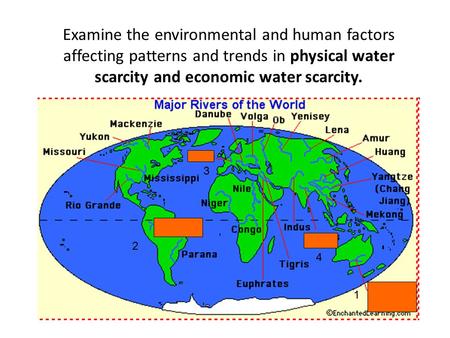 Examine the environmental and human factors affecting patterns and trends in physical water scarcity and economic water scarcity. 3 2 4 1.