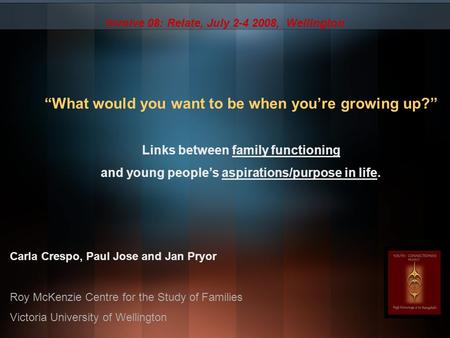 “What would you want to be when you’re growing up?” Links between family functioning and young people’s aspirations/purpose in life. Carla Crespo, Paul.
