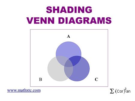 A CB SHADING VENN DIAGRAMS www.mathxtc.com. Try these Venn Diagram shading questions involving 2 sets Question 1Question 2 Question 3Question 4.