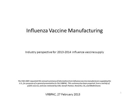 Influenza Vaccine Manufacturing Industry perspective for 2013-2014 influenza vaccine supply VRBPAC, 27 February 2013 The FDA CBER requested this annual.