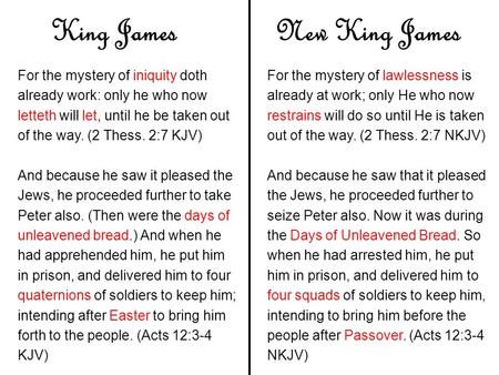 King JamesNew King James For the mystery of iniquity doth already work: only he who now letteth will let, until he be taken out of the way. (2 Thess. 2:7.