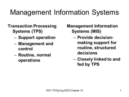MIS 175 Spring 2002 Chapter 101 Management Information Systems Transaction Processing Systems (TPS) –Support operation –Management and control –Routine,