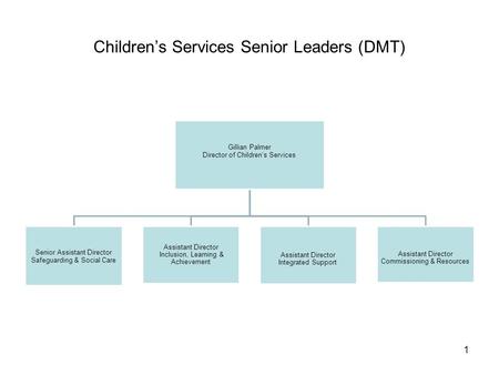 Children’s Services Senior Leaders (DMT) Gillian Palmer Director of Children’s Services Senior Assistant Director Safeguarding & Social Care Assistant.