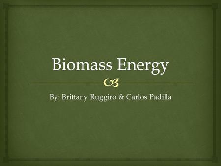 By: Brittany Ruggiro & Carlos Padilla.   Biomass power is power obtained from the energy in plants and plant-derived materials, such as food crops,