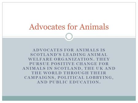 ADVOCATES FOR ANIMALS IS SCOTLAND’S LEADING ANIMAL WELFARE ORGANIZATION. THEY PURSUE POSITIVE CHANGE FOR ANIMALS IN SCOTLAND, THE UK AND THE WORLD THROUGH.