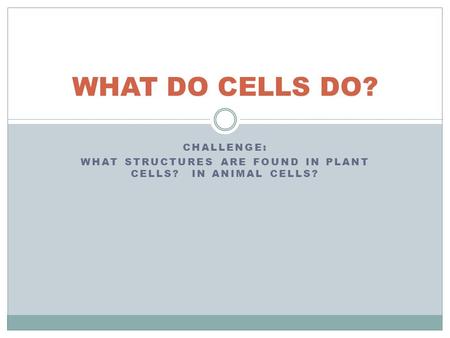 CHALLENGE: WHAT STRUCTURES ARE FOUND IN PLANT CELLS? IN ANIMAL CELLS? WHAT DO CELLS DO?