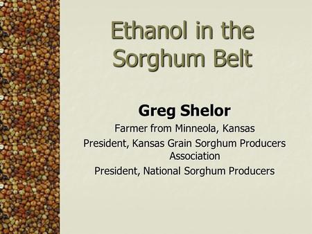 Ethanol in the Sorghum Belt Greg Shelor Farmer from Minneola, Kansas President, Kansas Grain Sorghum Producers Association President, National Sorghum.
