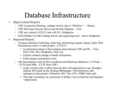 Database Infrastructure Major Current Projects –CDF Connection Metering, codegen rewrite, hep w/ TRGSim++ – Dennis –CDF DB Client Monitor Server and MySQL.