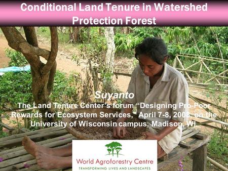 Conditional Land Tenure in Watershed Protection Forest Suyanto The Land Tenure Center’s forum “Designing Pro-Poor Rewards for Ecosystem Services,” April.