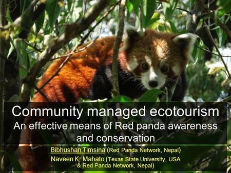 Community managed ecotourism An effective means of Red panda awareness and conservation Bibhushan Timsina ( Red Panda Network, Nepal ) Naveen K. Mahato.