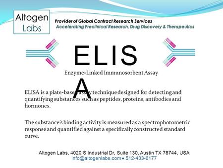 Altogen Labs, 4020 S Industrial Dr, Suite 130, Austin TX 78744, USA  512-433-6177 ELIS A Enzyme-Linked Immunosorbent Assay ELISA.