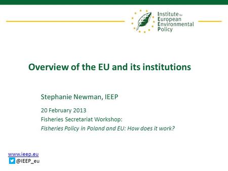 Overview of the EU and its institutions Stephanie Newman, IEEP 20 February 2013 Fisheries Secretariat Workshop: Fisheries Policy in.