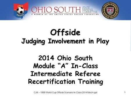 Offside Judging Involvement in Play Ohio South Advanced Referee Training 2014 Ohio South Module “A” In-Class Intermediate Referee Recertification Training.