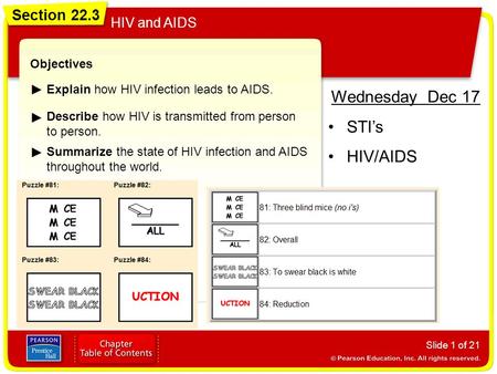 Wednesday Dec 17 STI’s HIV/AIDS Section 22.3 HIV and AIDS Objectives
