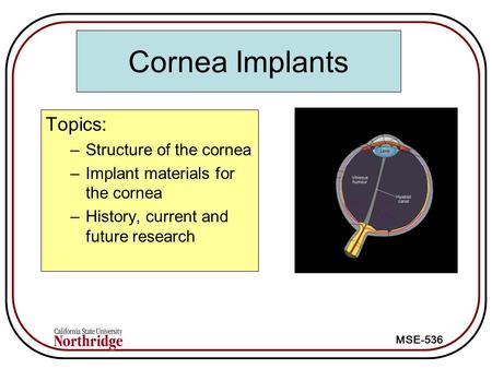 Cornea Implants Topics: Structure of the cornea