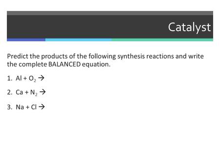 Catalyst Predict the products of the following synthesis reactions and write the complete BALANCED equation. 1. Al + O 2  2. Ca + N 2  3. Na + Cl 