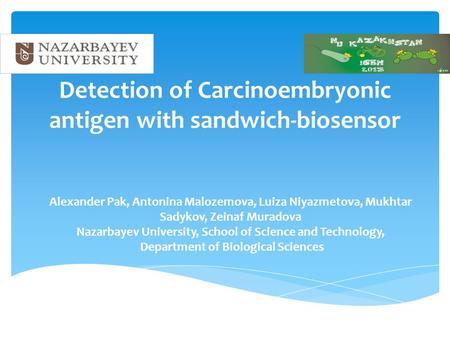 Detection of Carcinoembryonic antigen with sandwich-biosensor Alexander Pak, Antonina Malozemova, Luiza Niyazmetova, Mukhtar Sadykov, Zeinaf Muradova Nazarbayev.