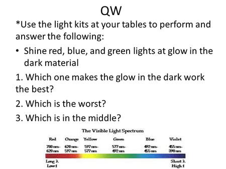 QW *Use the light kits at your tables to perform and answer the following: Shine red, blue, and green lights at glow in the dark material 1. Which one.