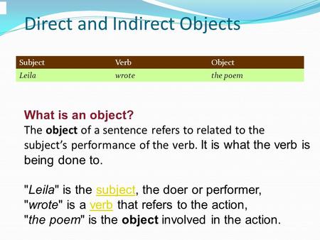 Direct and Indirect Objects What is an object? The object of a sentence refers to related to the subject’s performance of the verb. It is what the verb.