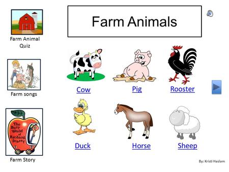 Farm Animals Cow PigRooster DuckHorse Sheep Farm Animal Quiz Farm songs Farm Story By: Kristi Haslam.