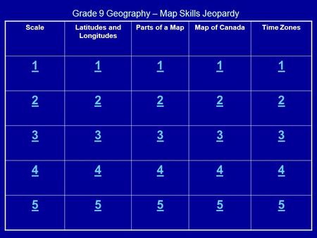 Grade 9 Geography – Map Skills Jeopardy ScaleLatitudes and Longitudes Parts of a MapMap of CanadaTime Zones 11111 22222 33333 44444 55555.