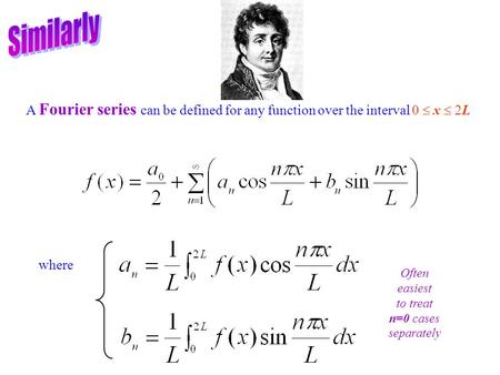 A Fourier series can be defined for any function over the interval 0  x  2L where Often easiest to treat n=0 cases separately.