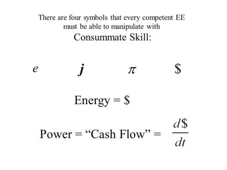 There are four symbols that every competent EE must be able to manipulate with Consummate Skill: e j  $ Energy = $ Power = “Cash Flow” =