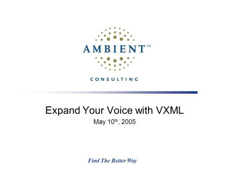 Find The Better Way Expand Your Voice with VXML May 10 th, 2005.