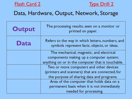 Data, Hardware, Output, Network, Storage Area of the computer that holds data on a permanent basis when it is not immediately needed for processing. Two.