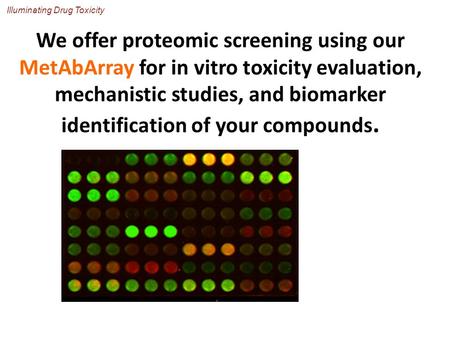 Illuminating Drug Toxicity We offer proteomic screening using our MetAbArray for in vitro toxicity evaluation, mechanistic studies, and biomarker identification.