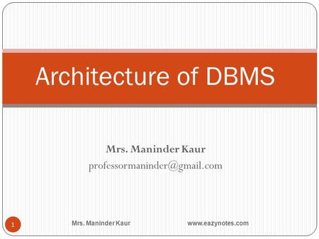 Mrs. Maninder Kaur Mrs. Maninder Kaur 1 Architecture of DBMS