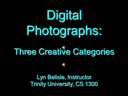Digital Photographs: Three Creative Categories Lyn Belisle, Instructor Trinity University, CS 1300.