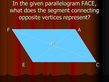 In the given parallelogram FACE, what does the segment connecting opposite vertices represent? F A F A M E C E C.