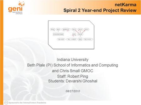 Sponsored by the National Science Foundation netKarma Spiral 2 Year-end Project Review Indiana University Beth Plale (PI) School of Informatics and Computing.