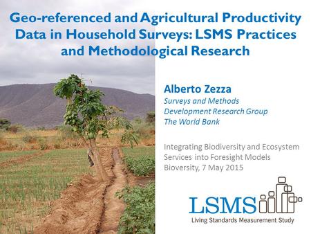 Geo-referenced and Agricultural Productivity Data in Household Surveys: LSMS Practices and Methodological Research Alberto Zezza Surveys and Methods Development.