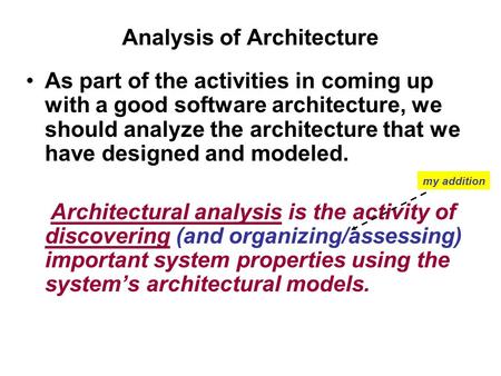 Analysis of Architecture As part of the activities in coming up with a good software architecture, we should analyze the architecture that we have designed.