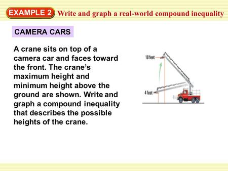 EXAMPLE 2 Write and graph a real-world compound inequality CAMERA CARS