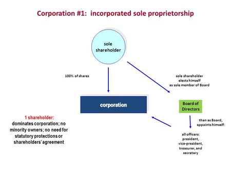 Corporation #1: incorporated sole proprietorship corporation corporation sole shareholder sole shareholder Board of Directors all officers: president,