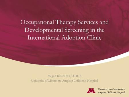 Occupational Therapy Services and Developmental Screening in the International Adoption Clinic Megan Bresnahan, OTR/L University of Minnesota Amplatz Children’s.