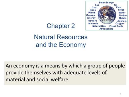 1 Chapter 2 Natural Resources and the Economy An economy is a means by which a group of people provide themselves with adequate levels of material and.