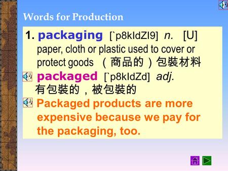 Words for Production 1. packaging [`p8kIdZI9] n. [ U ] paper, cloth or plastic used to cover or protect goods （商品的）包裝材料 packaged [`p8kIdZd] adj. 有包裝的，被包裝的.