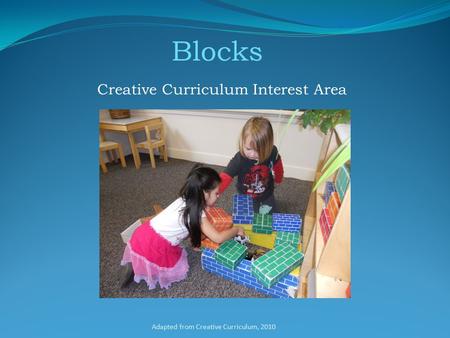 Blocks Creative Curriculum Interest Area Adapted from Creative Curriculum, 2010.