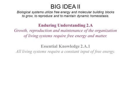 BIG IDEA II Biological systems utilize free energy and molecular building blocks to grow, to reproduce and to maintain dynamic homeostasis. Enduring Understanding.