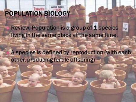  Review: Population is a group of 1 species living in the same place at the same time.  A species is defined by reproduction (with each other, producing.