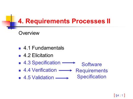 [ §4 : 1 ] 4. Requirements Processes II Overview 4.1Fundamentals 4.2Elicitation 4.3Specification 4.4Verification 4.5Validation Software Requirements Specification.